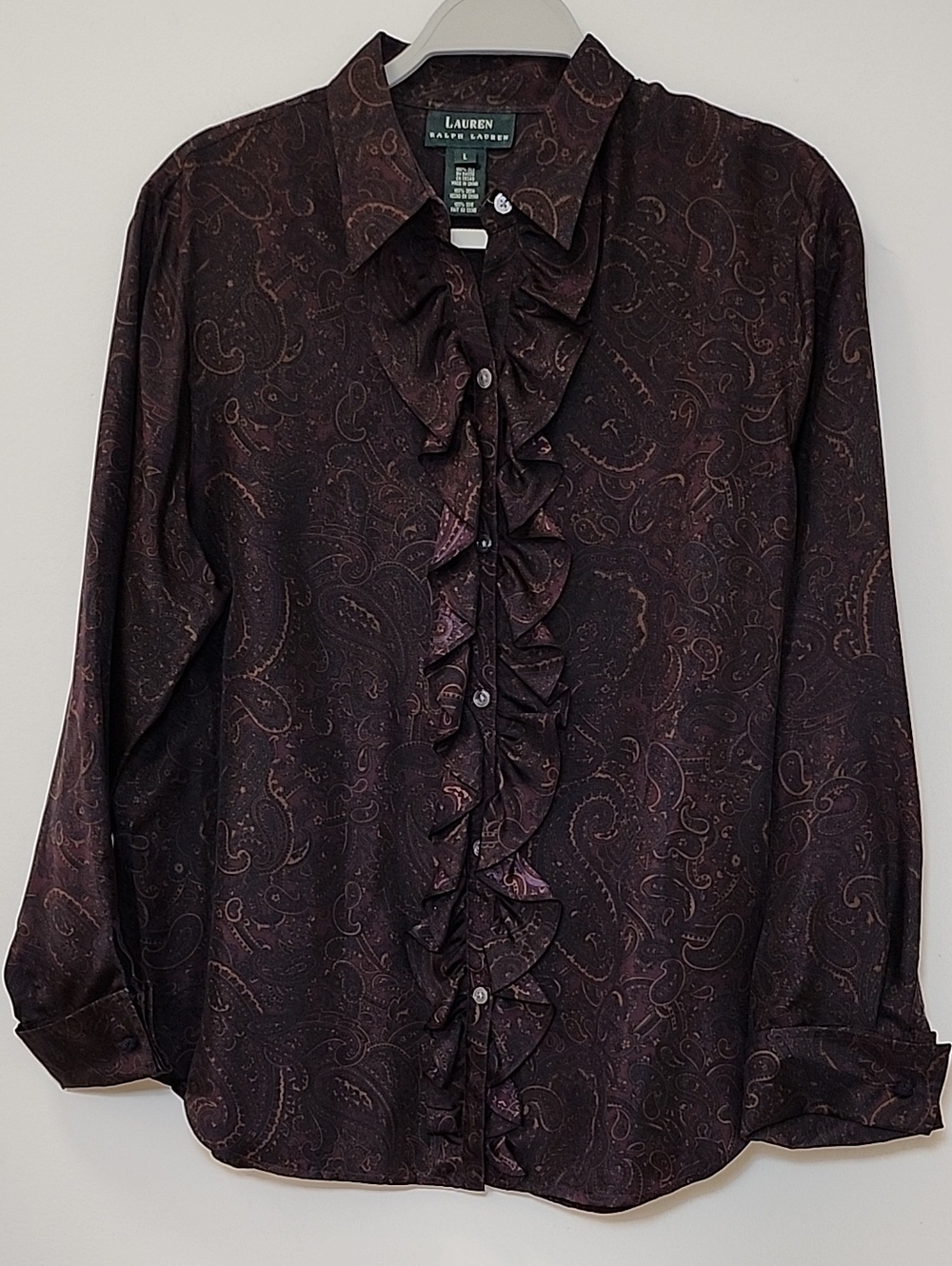 Ralph Lauren Women's 100 % Silk formal blouse paisley print  ruffle front Size L - Picture 16 of 16